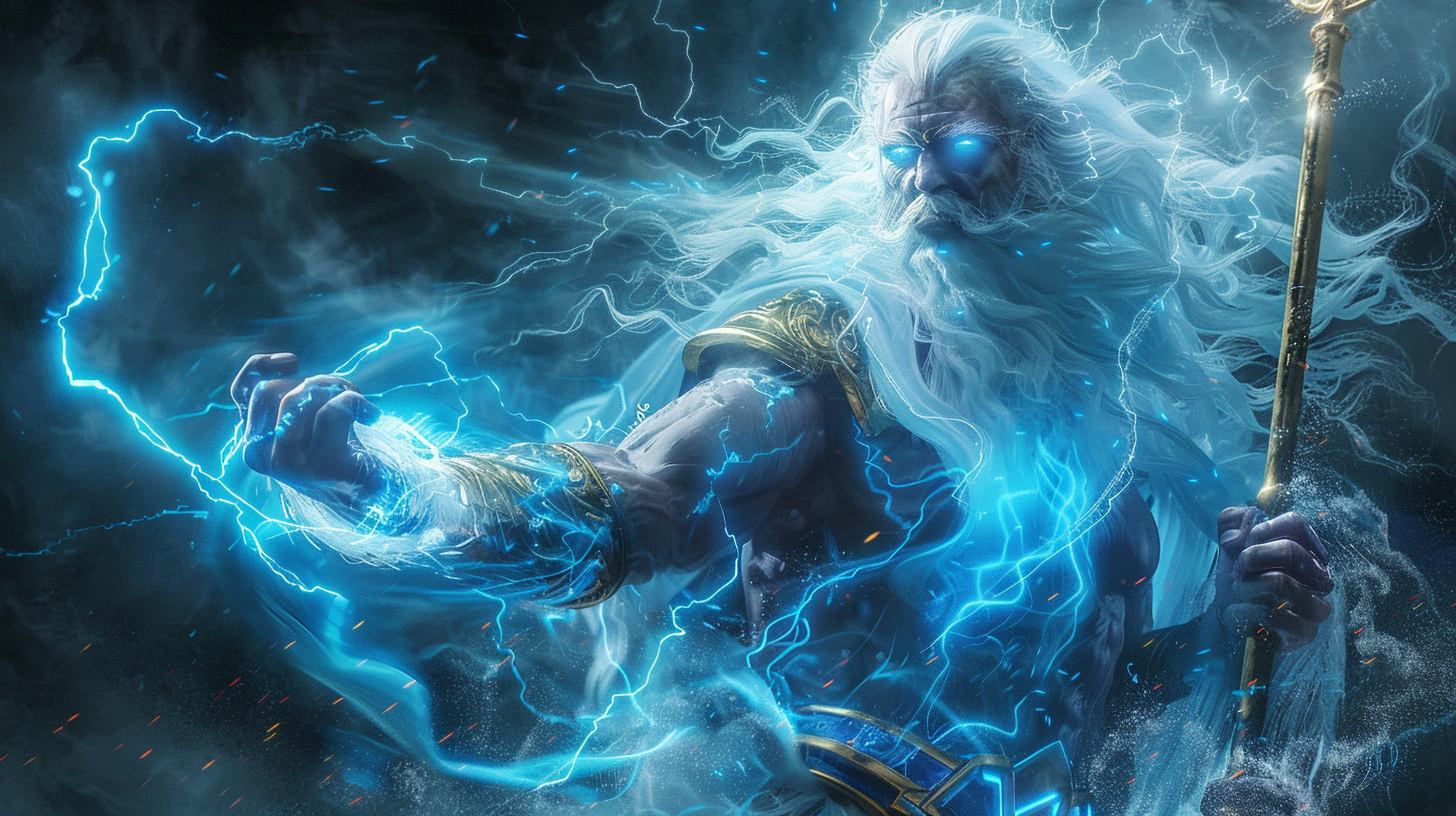 Powerful Sea God with trident, glowing eyes, white hair.