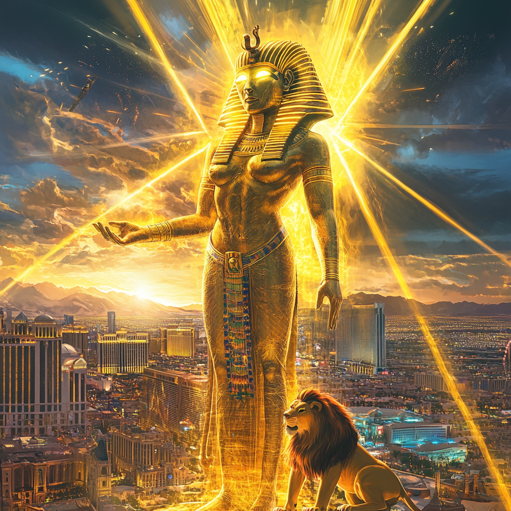 Powerful Sekhmet awakens, shooting beams of light