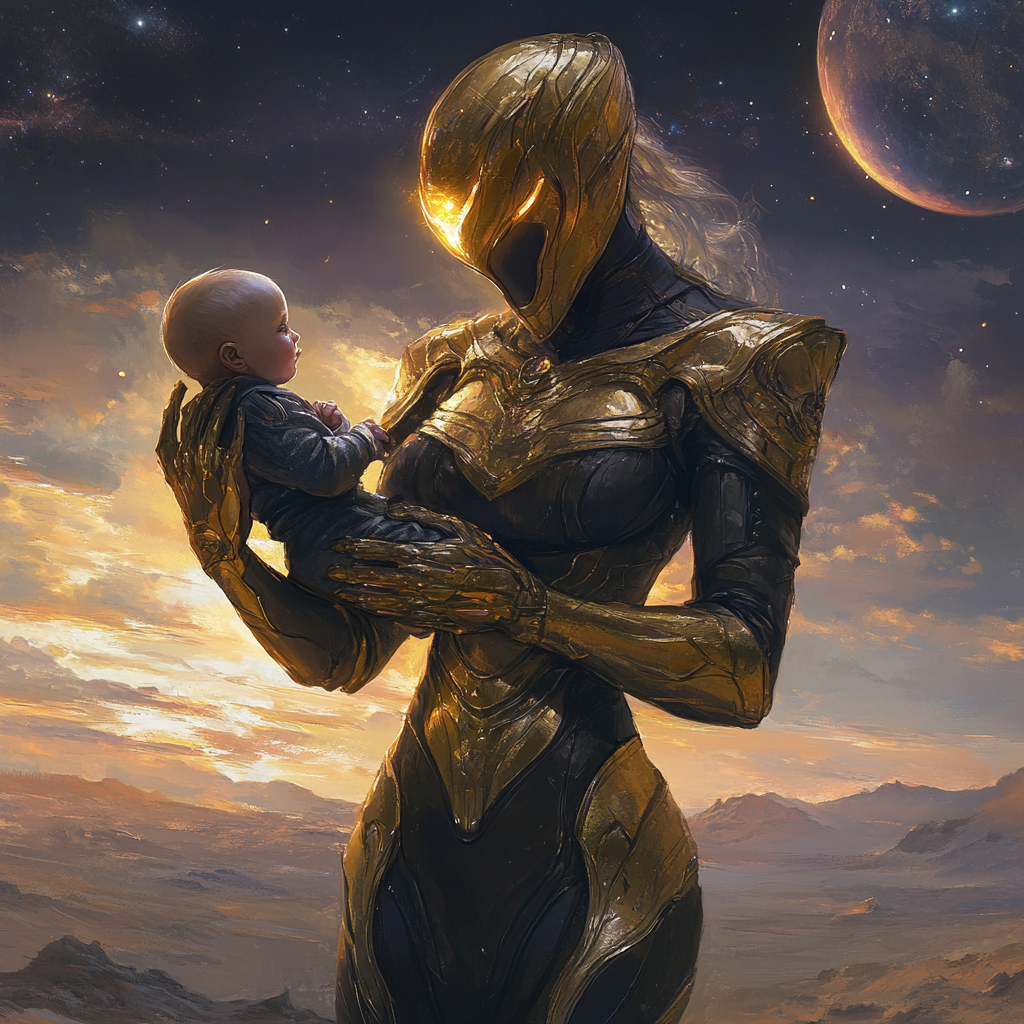 Powerful female Thanos, gentle with baby, Infinity Gauntlet.