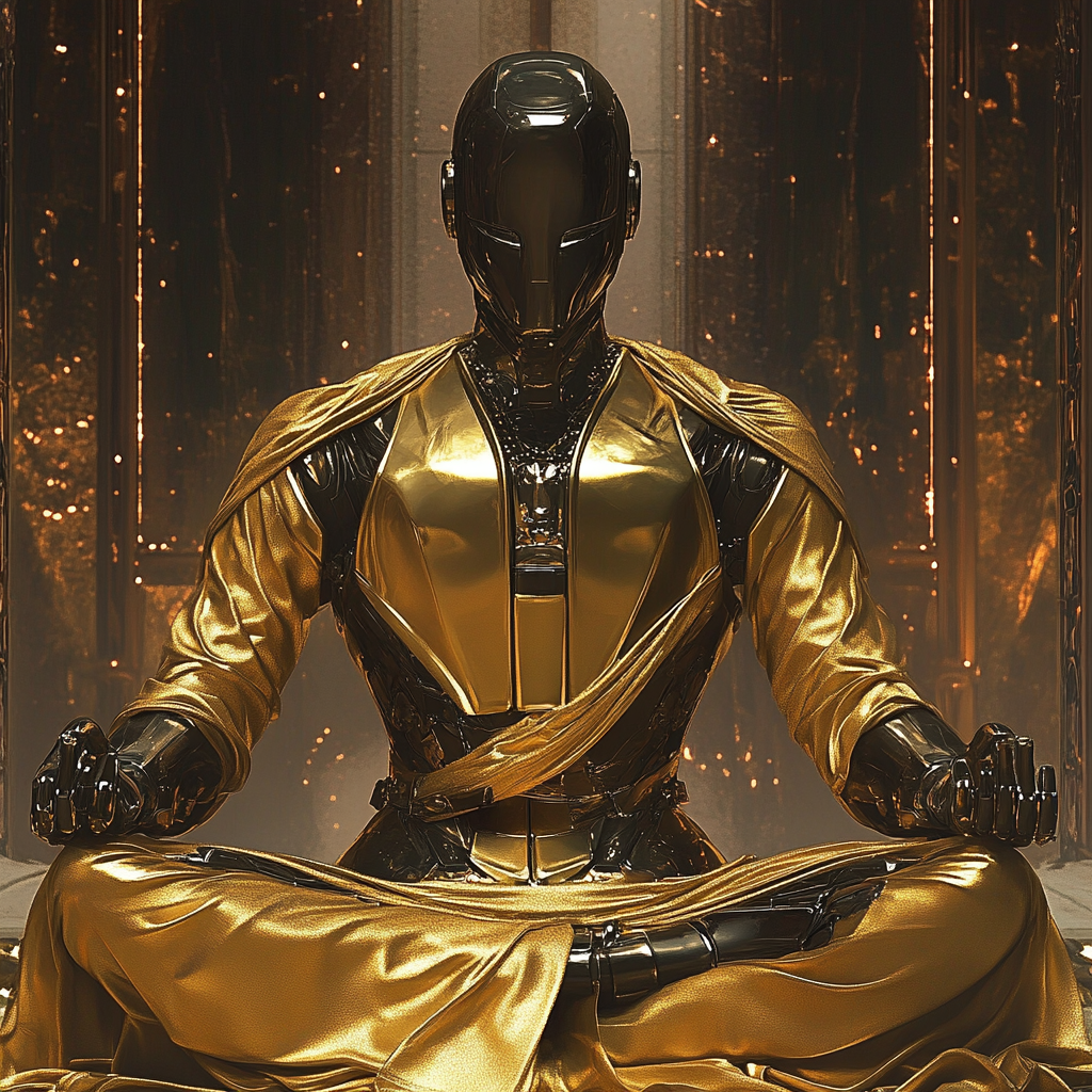 Powerful robot guru in gold armor meditating peacefully.