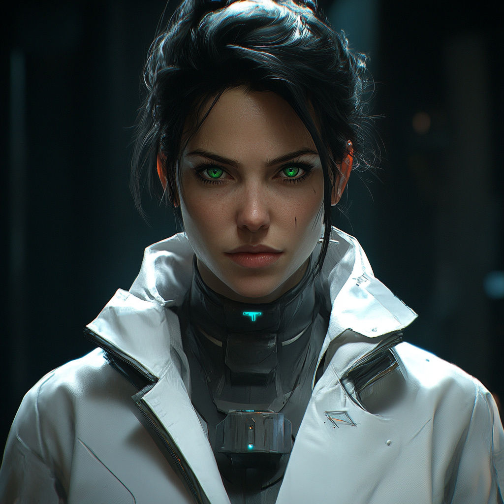 Pragmatic woman in lab coat, green eyes, dark hair.