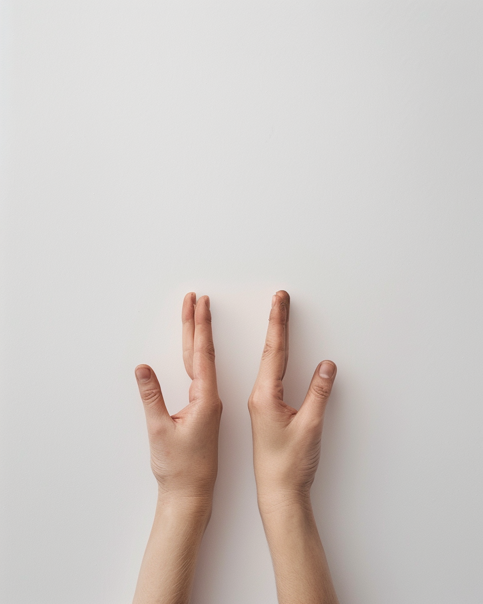 Precise posture of two upright fingers, skin texture emphasized.