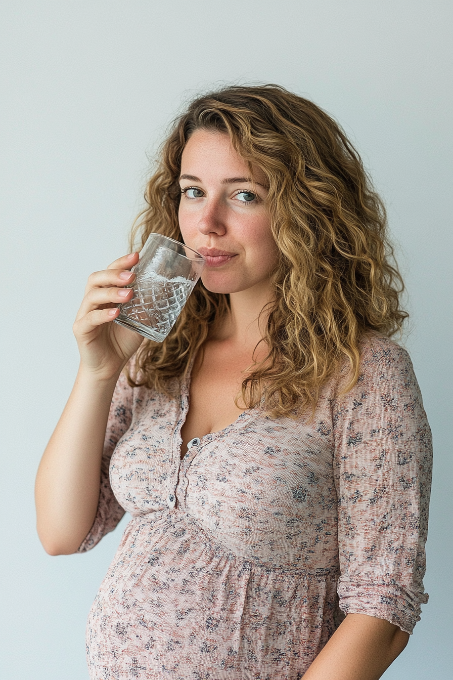 Pregnant woman posing for refreshing drink ad