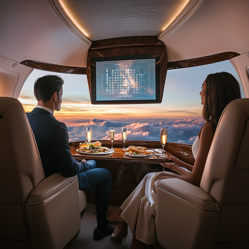 Premium jet tutoring with holographic math problems at 30,000 feet.