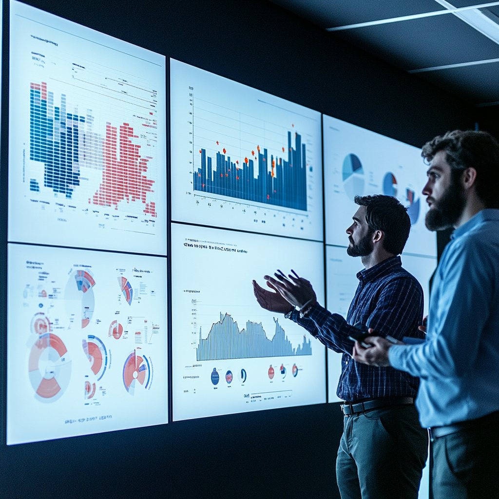 Presenting business analytics research to global audience with data charts.