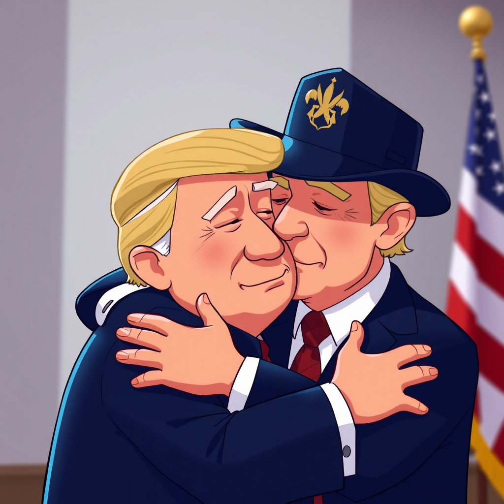 President Trump hugs Netanyahu in animated image.