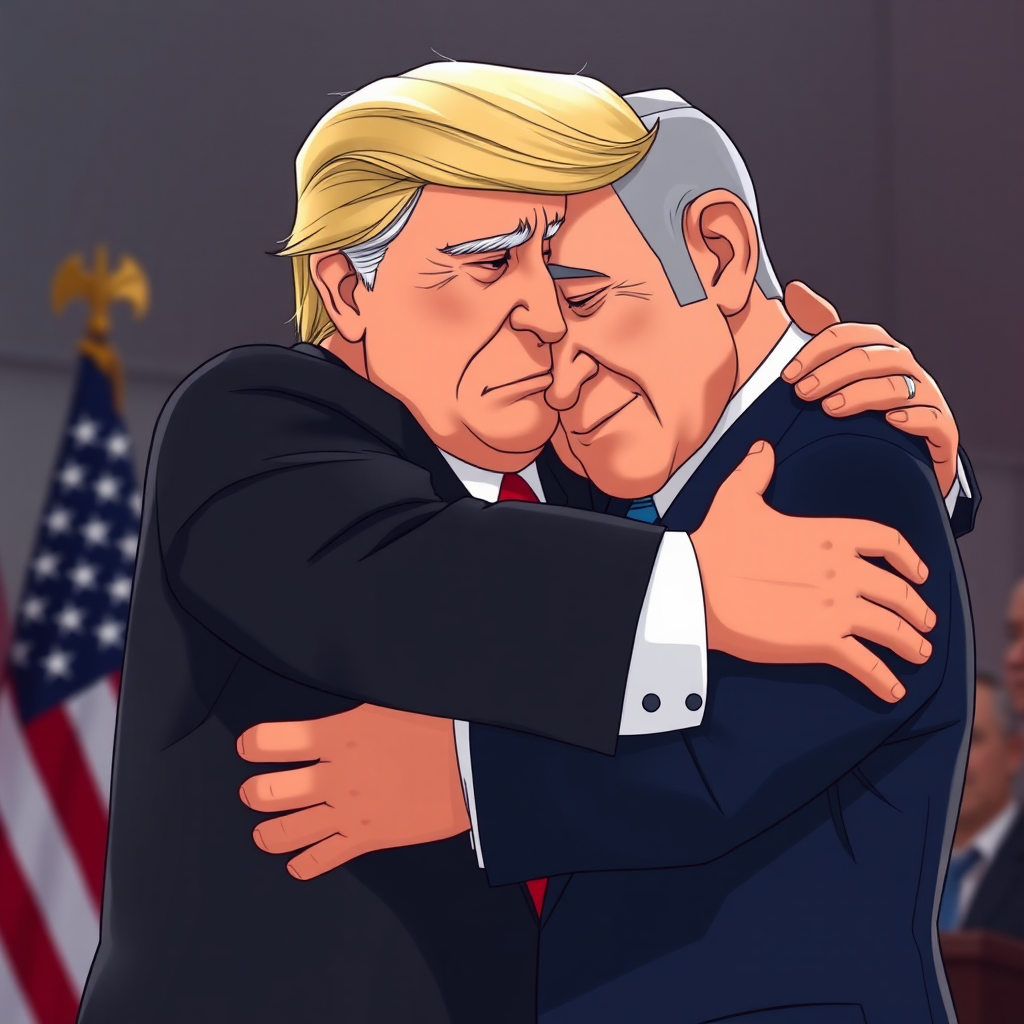 President Trump hugs Netanyahu while crying.