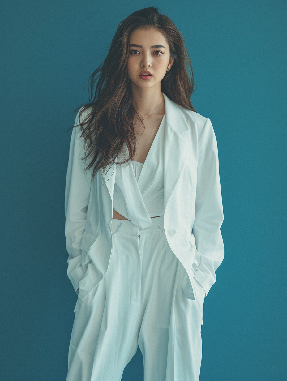 Pretty Asian girl in white suit with cool emotion.