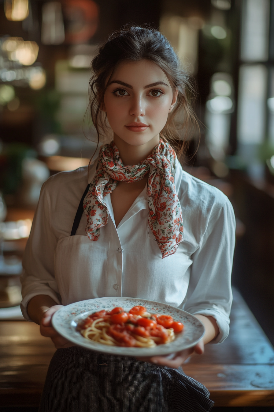 Pretty Italian waitress in Italian restaurant serving pasta.