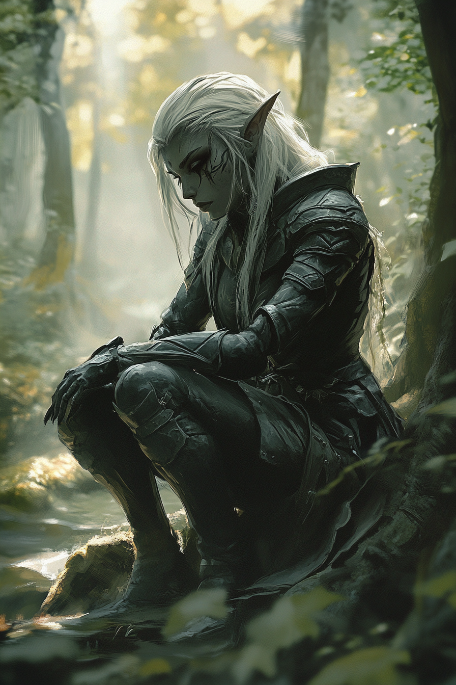 Pretty drow female ranger in dark leather armor.