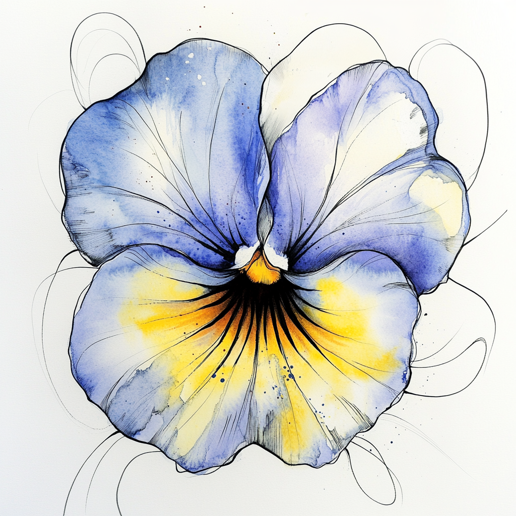 Pretty watercolor and ink flower drawing on white paper.