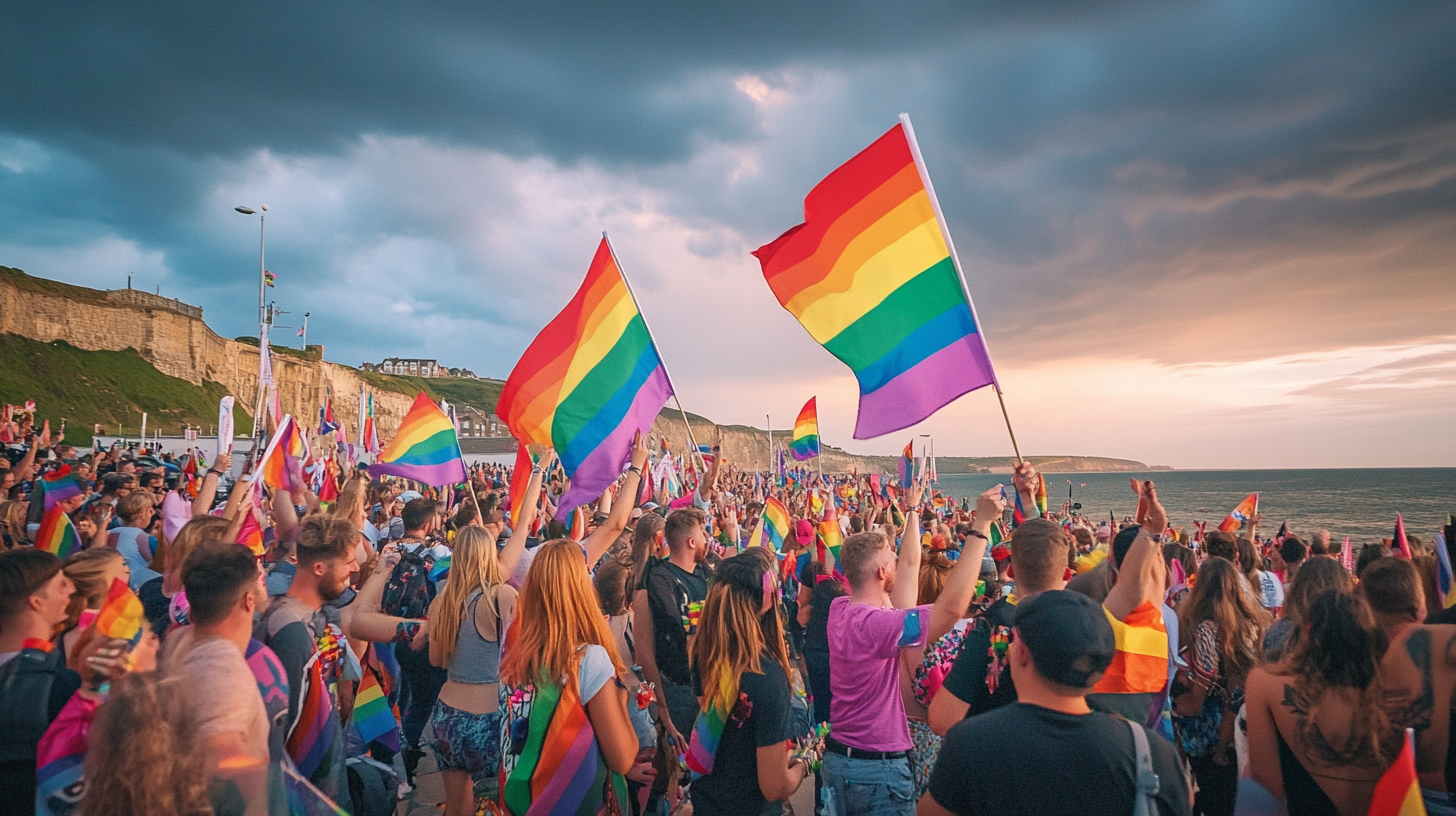 Pride march with diverse crowd waving rainbow flags, dancing.