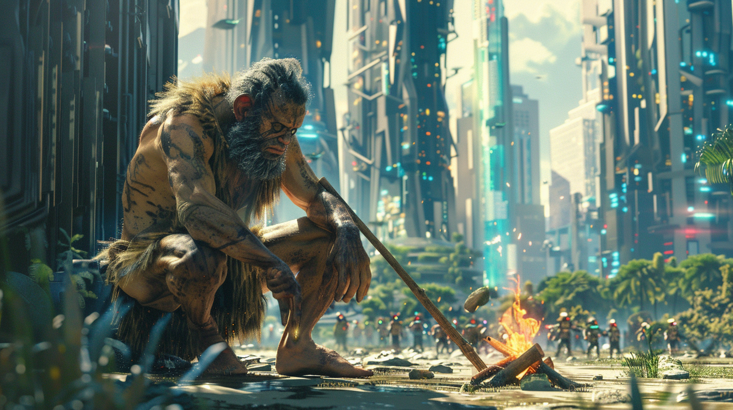 Primitive man struggles to light fire in futuristic city.