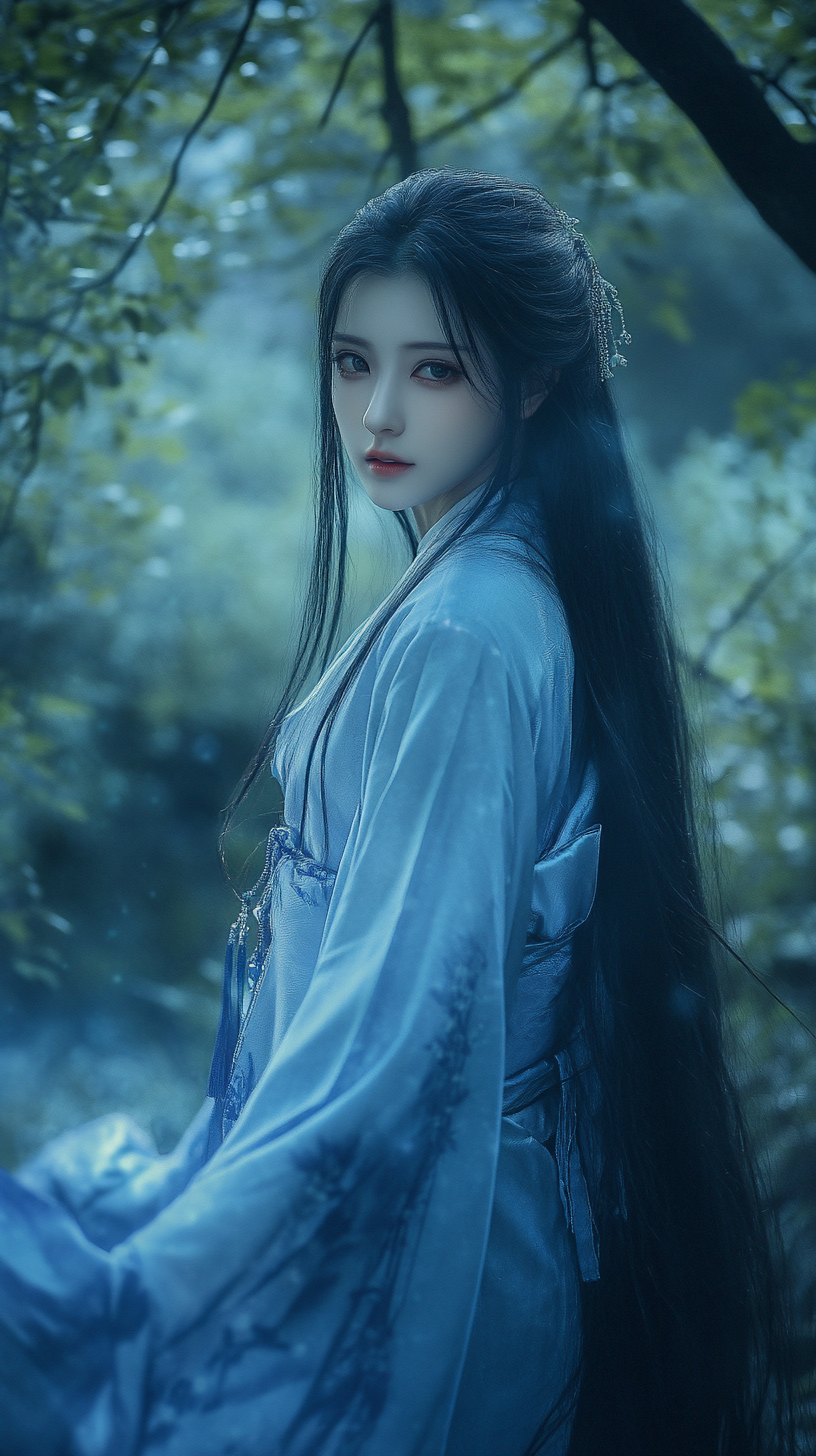 Princess in Blue Robe Smiling in Enchanted Forest