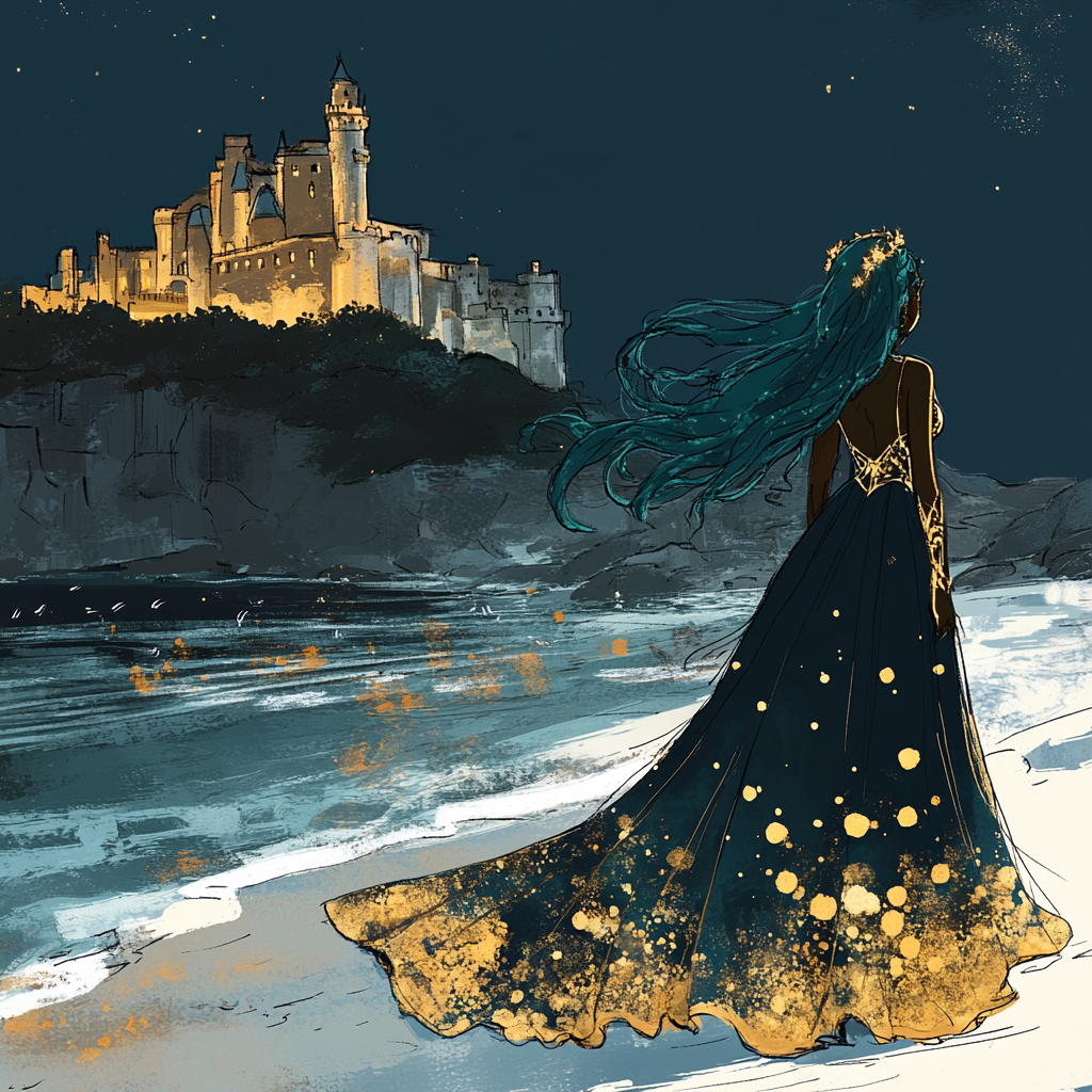 Princess with teal hair walks by seaside castle at night