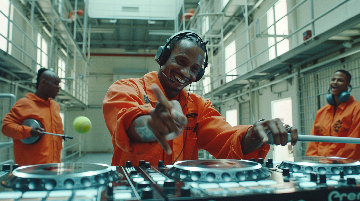 Prisoner DJing in White Cell with CDJ 2000 Decks