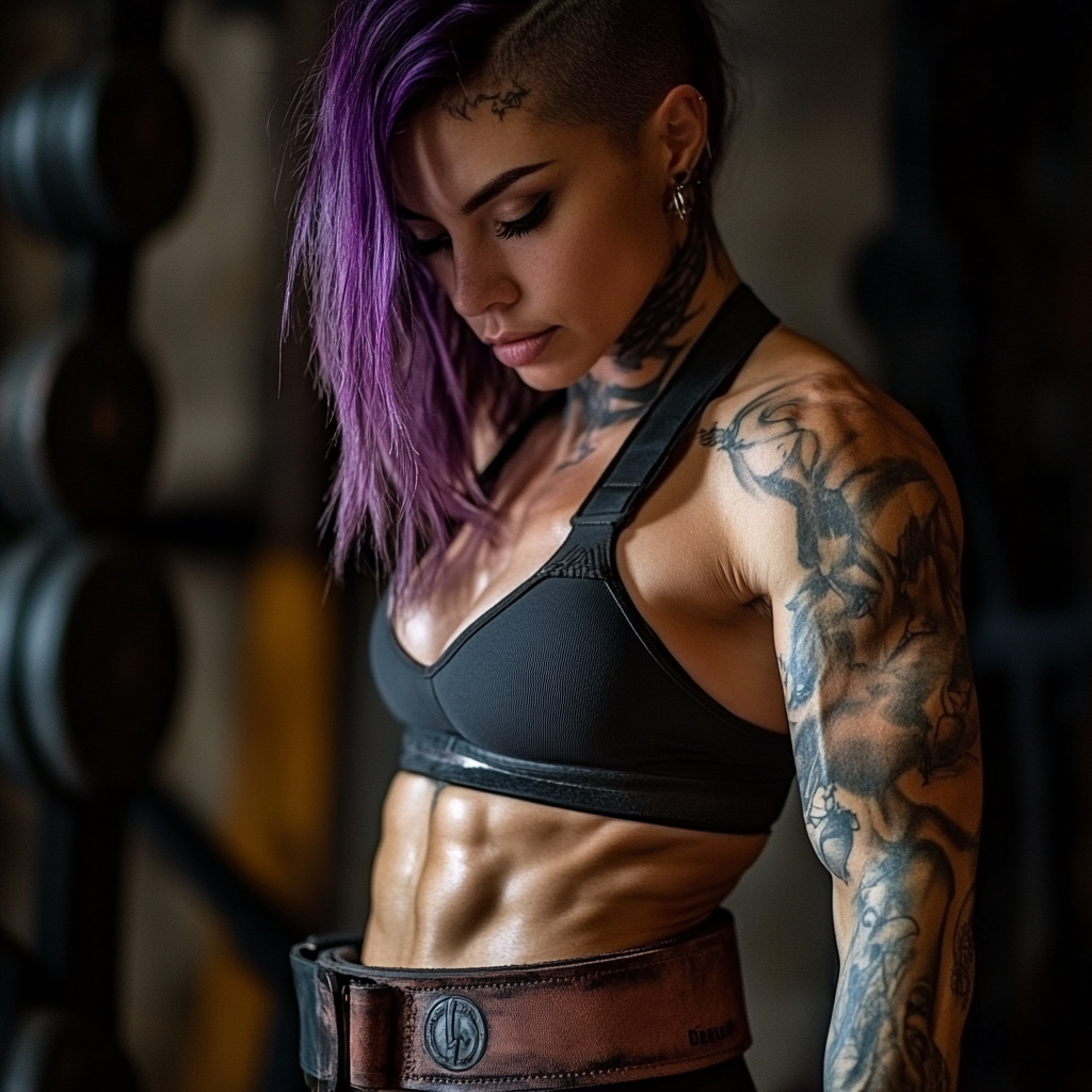 Product photo of girl wearing leather weight lifting belt.