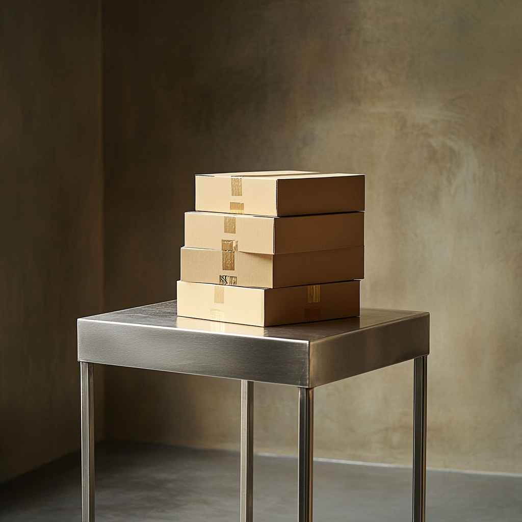 Product photography: Brown boxes on stainless steel table