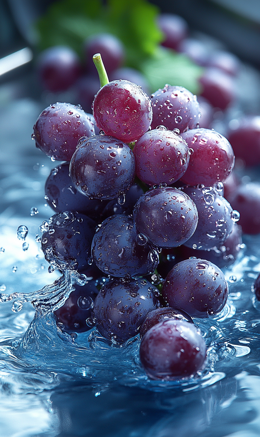 Product shot of dark blue grapes in sparkling water.