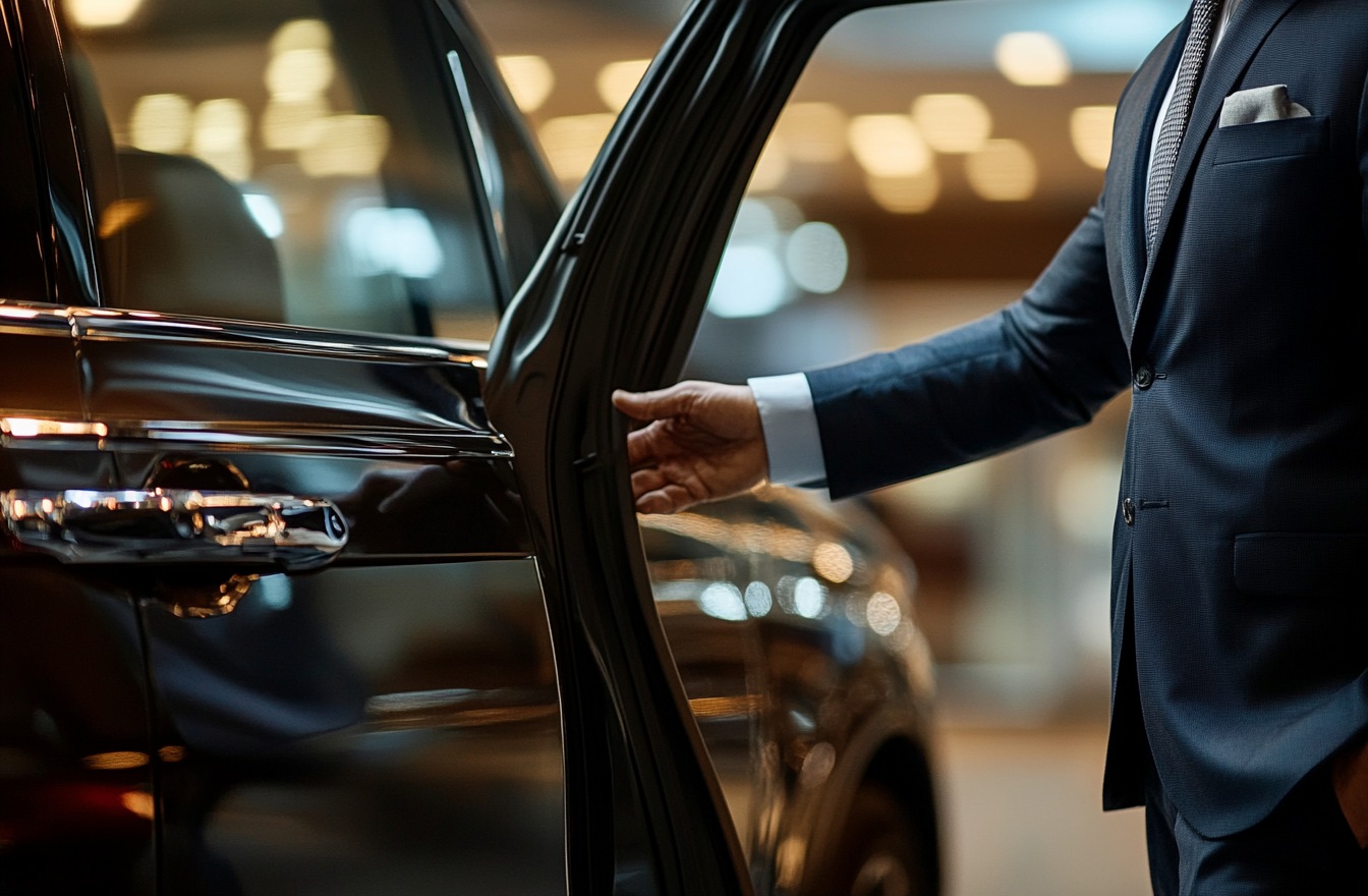 Professional Driver Welcoming into Luxurious SUV Interior