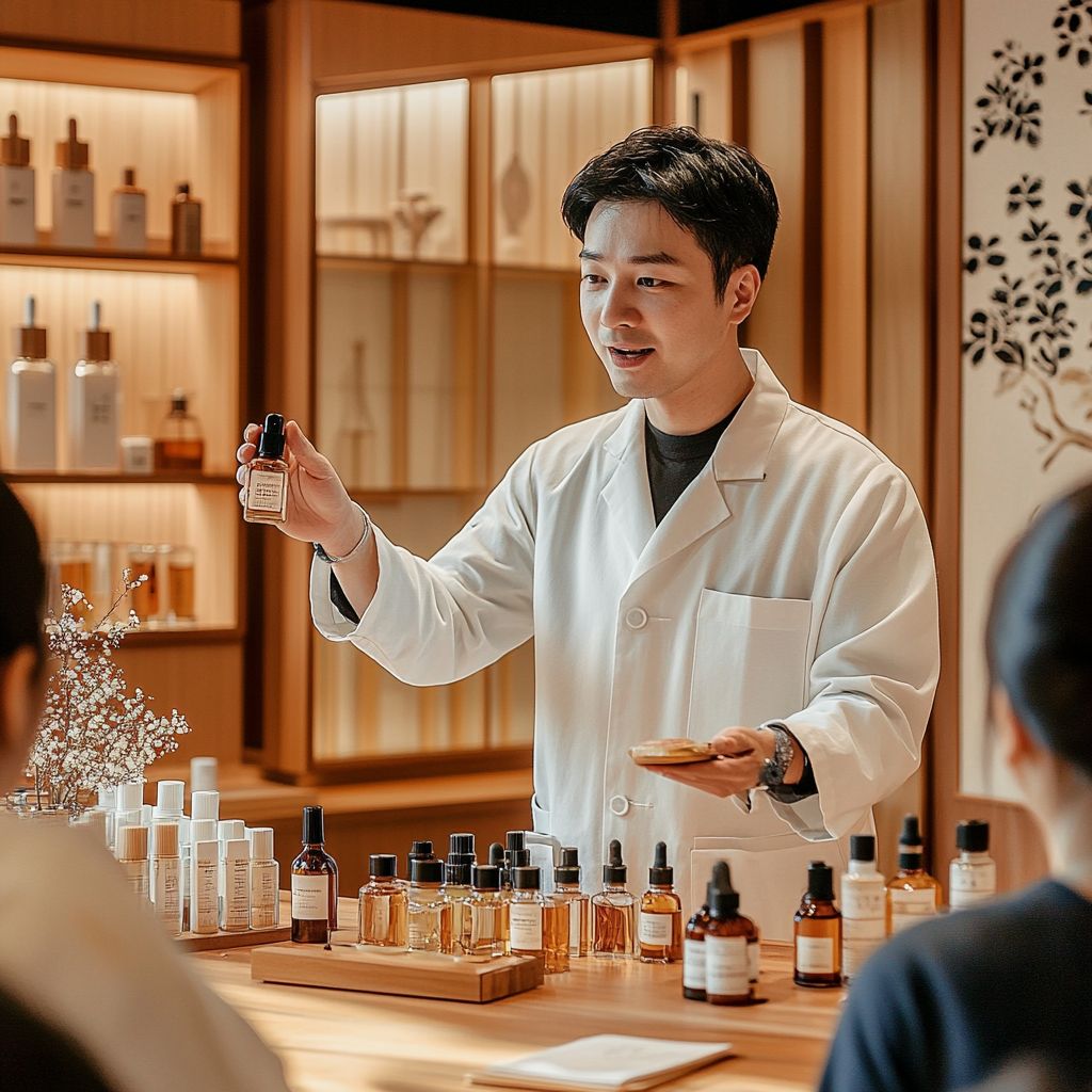 Professional Taiwanese instructor guides students in perfume blending class.