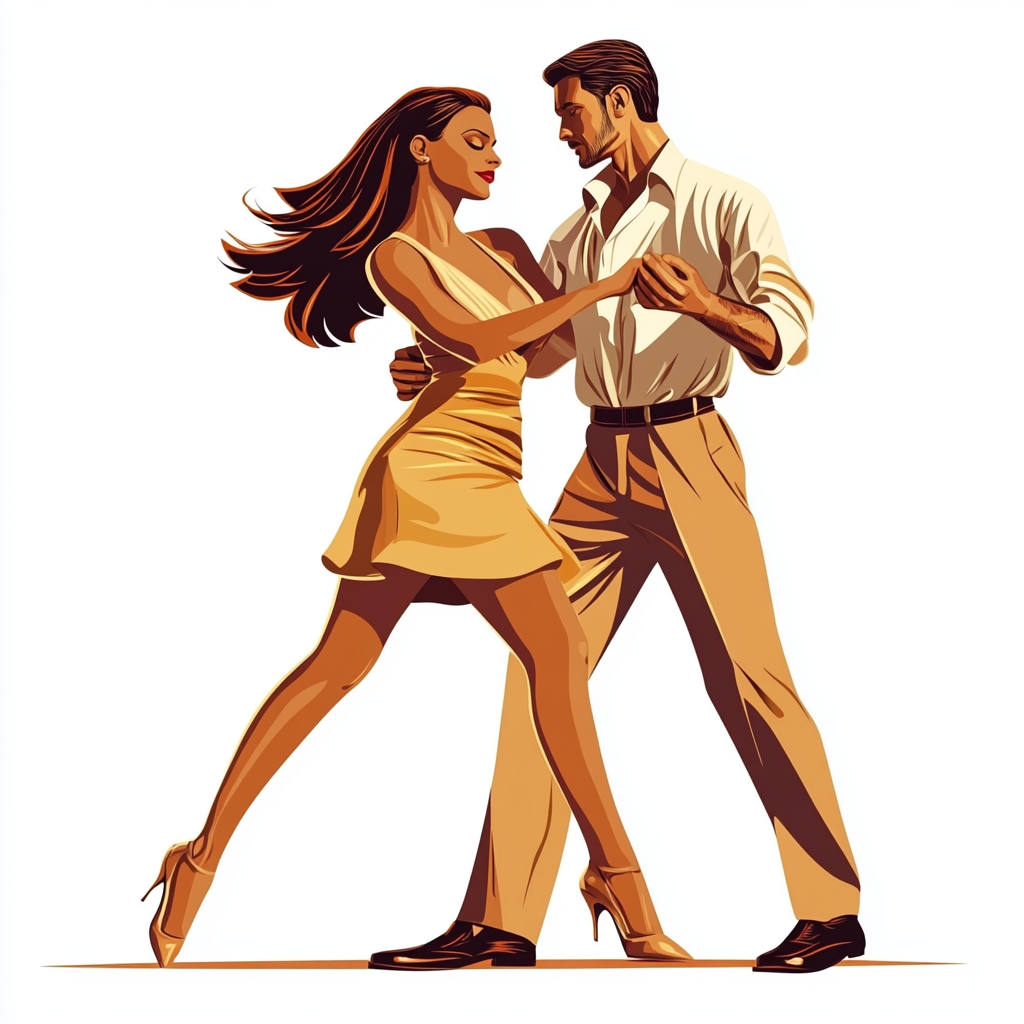 Professional ballroom dancers cha-cha-cha in colorful vector style.