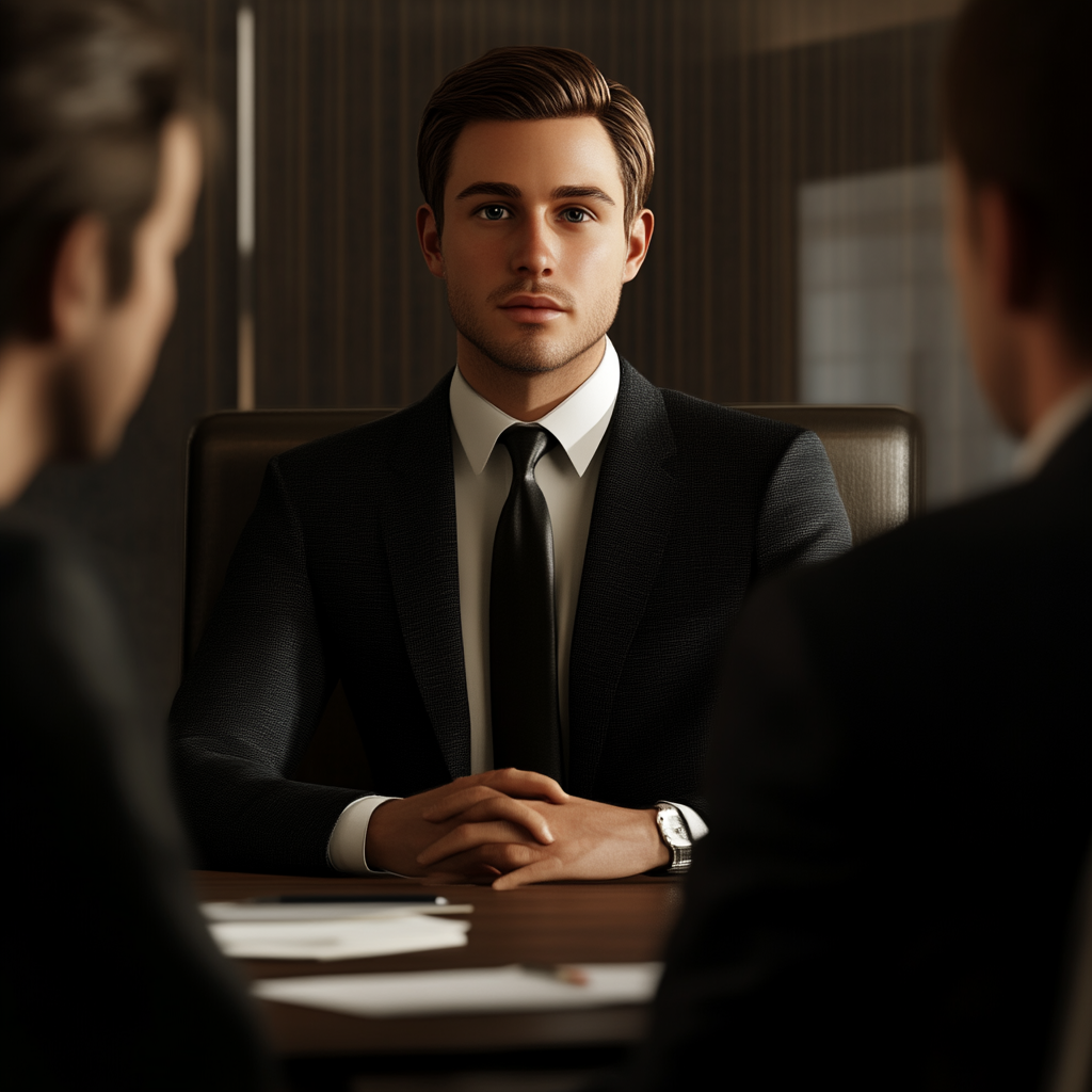 Professional business presentation with attentive interviewers, black theme.