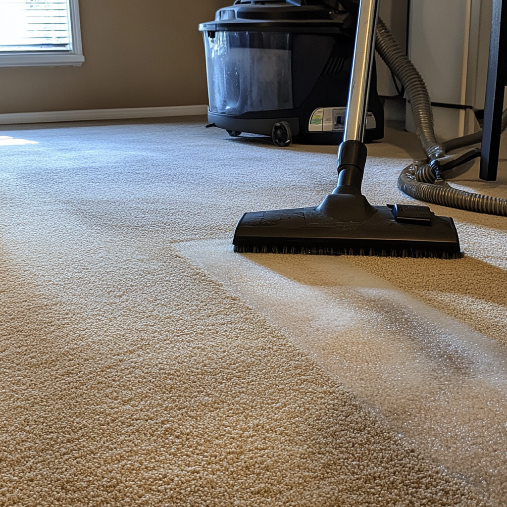 Professional cleaner making dirty carpet clean with vacuum.