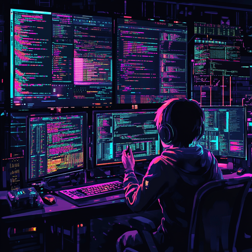 Professional coder working on multiple screens with complex code