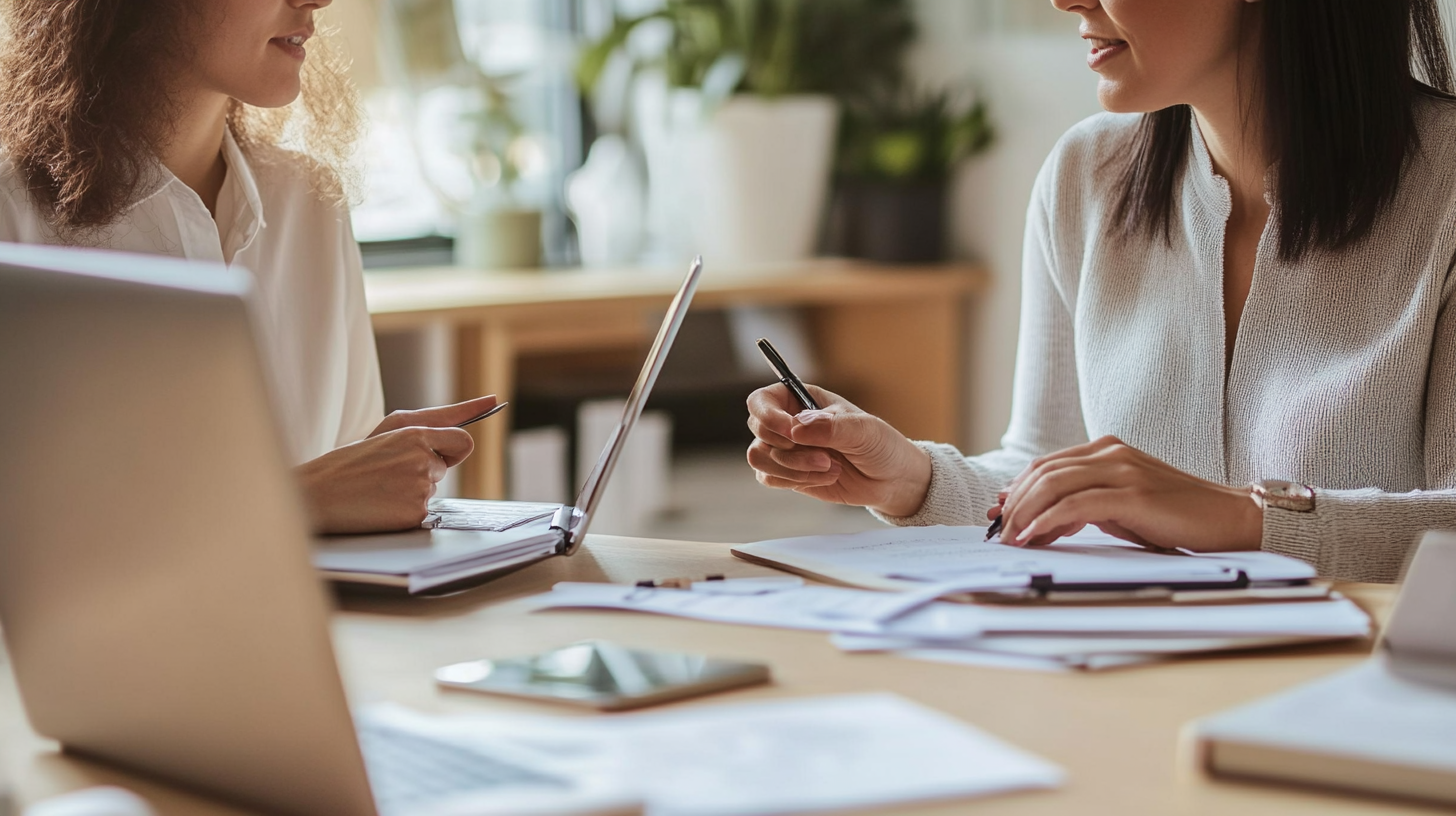 Professional consultation image with two people collaborating.