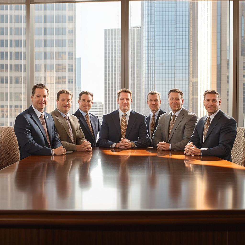 Professional executives in navy and beige at conference table