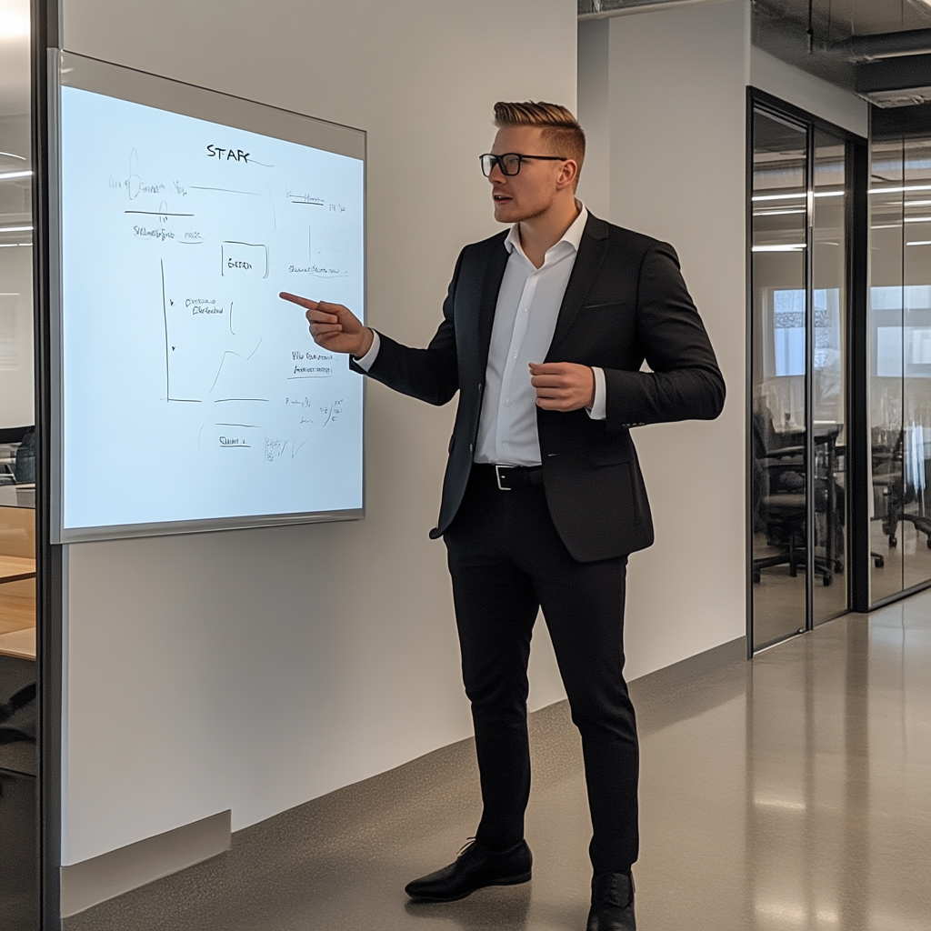 Professional explaining STAR method in sleek office setting.