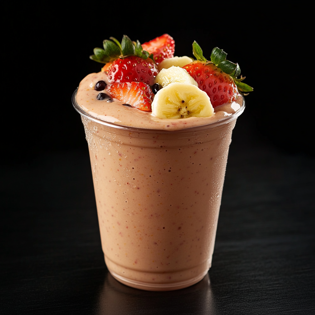 Professional food photography of golden smoothie in clear cup.