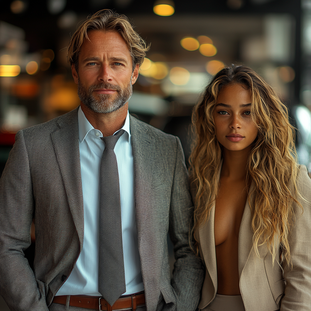 Professional man and woman at car, showing respect.