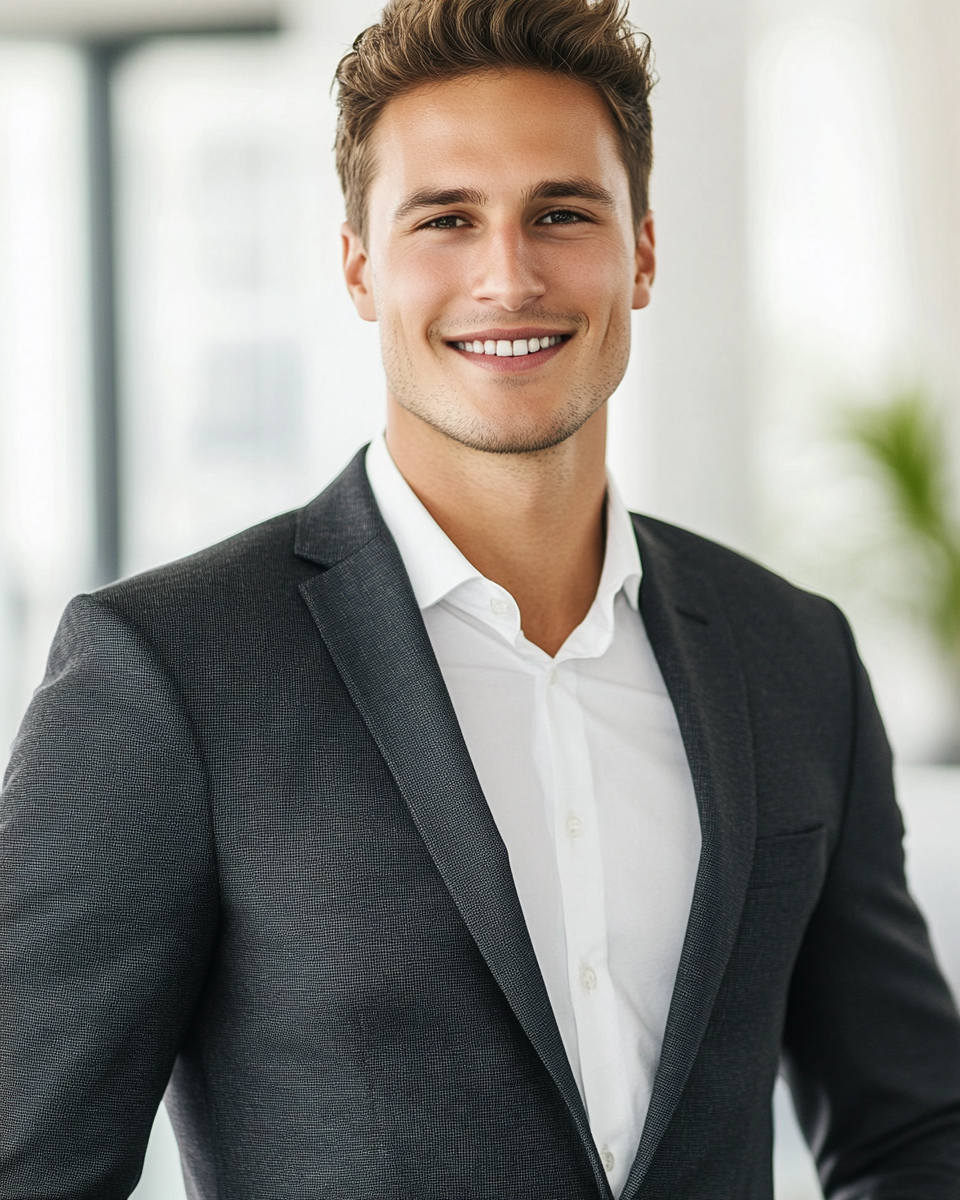 Professional man in suit smiling, office background