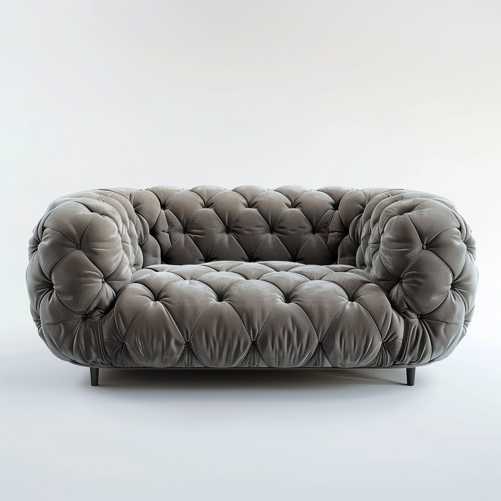 Professional photo of gray tufted sofa on white background.