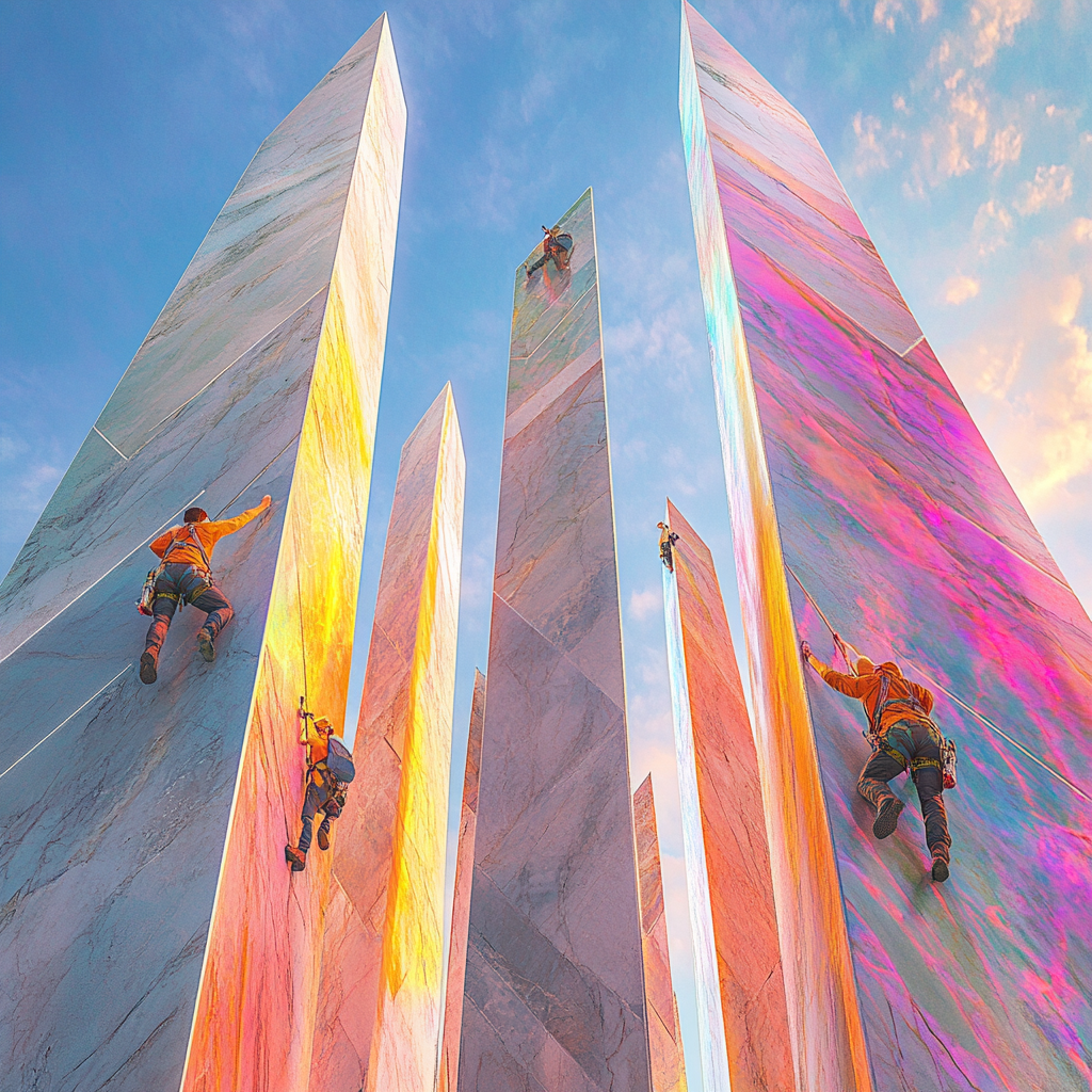 Professional photo of tall, colorful buildings with business people.