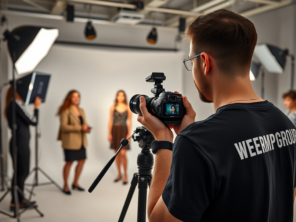 Professional photo shoot in well-lit studio with fashion model.