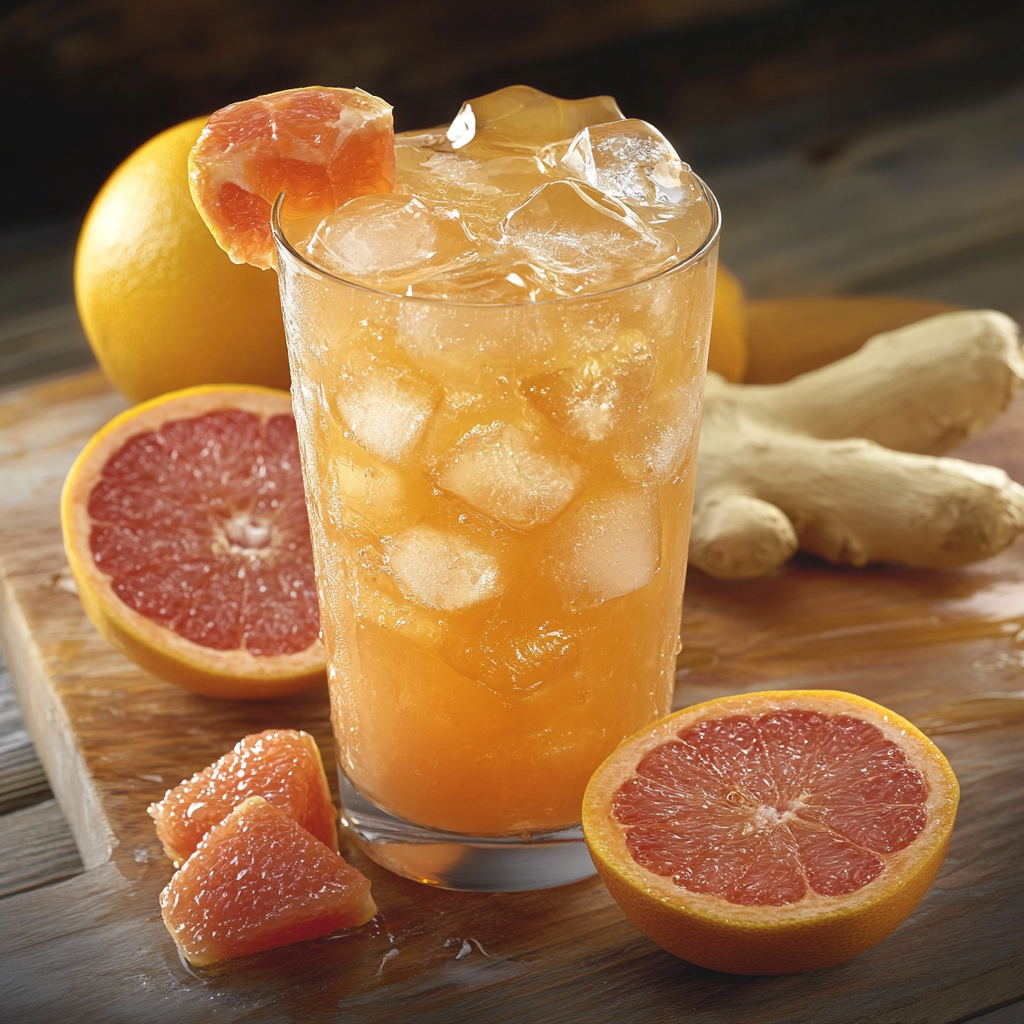 Professional photographer documents Grapefruit iced, ginger, gogi berry.