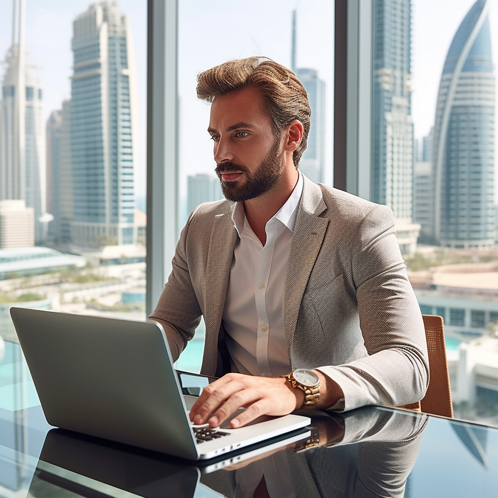 Professional real estate agent typing on laptop in Dubai office.