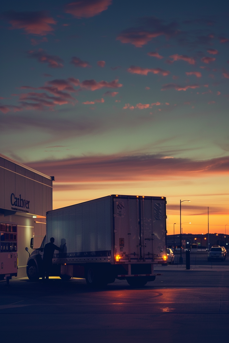 Professional staff unloading Carl Moving truck at dusk