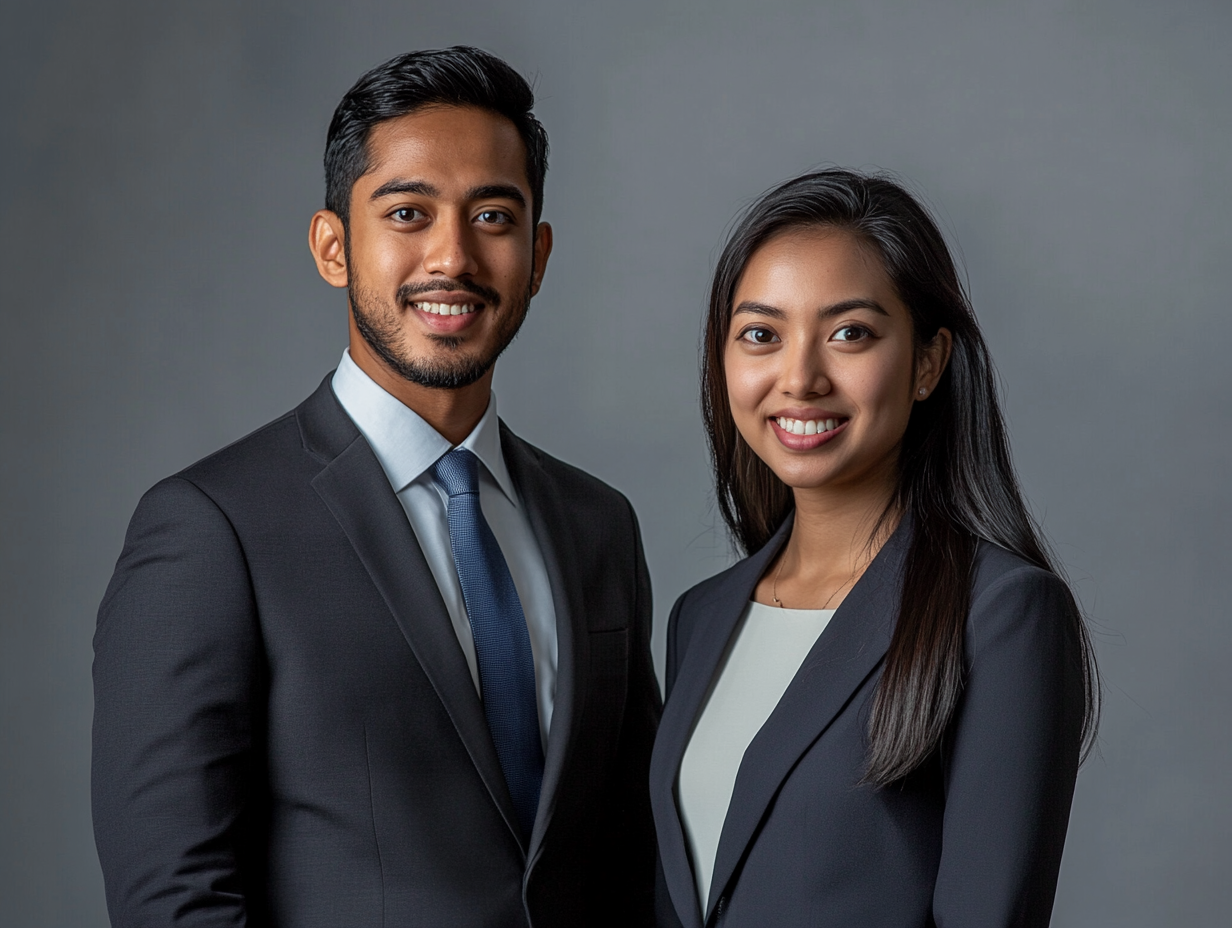 Professional studio portrait of Bangladeshi man and Asian woman representing skilled workforce.