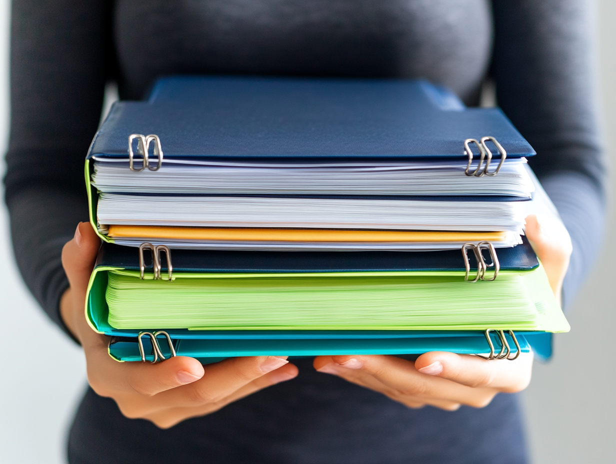 Professional woman with office stationery on white background.