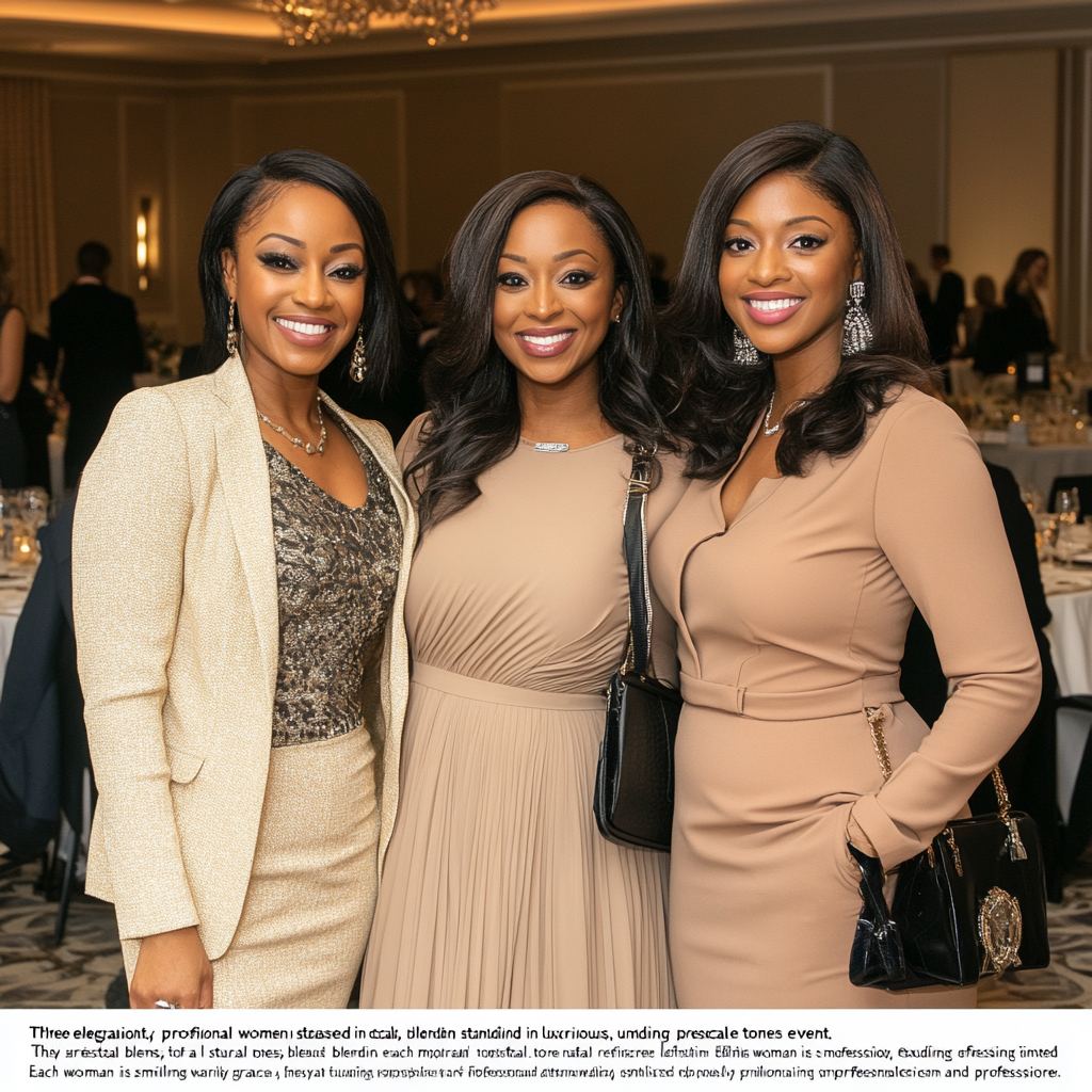 Professional women in elegant attire at upscale event.