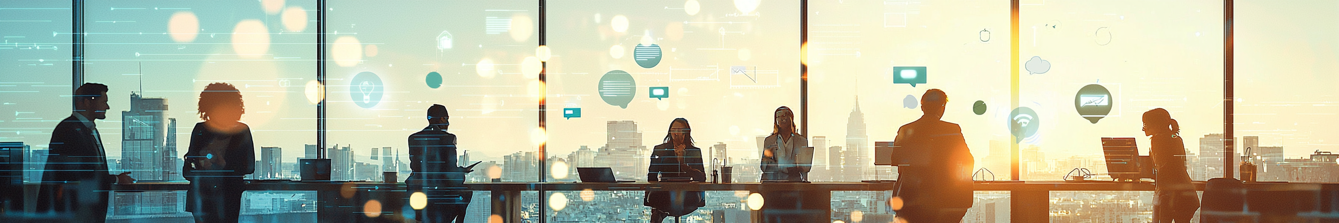 Professionals discussing at conference table with city backdrop