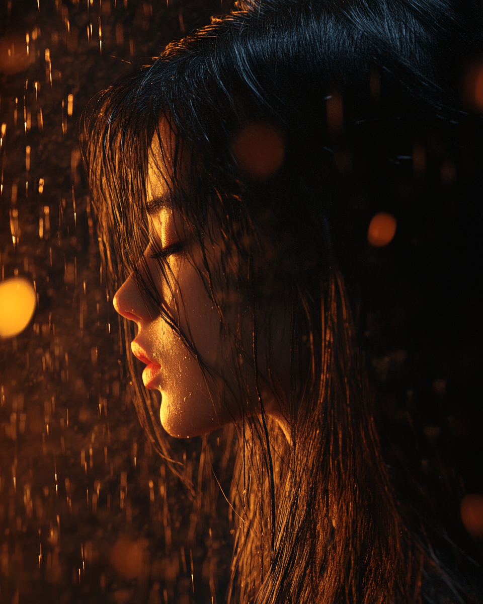 Profile of Asian woman with eyes closed in rain.