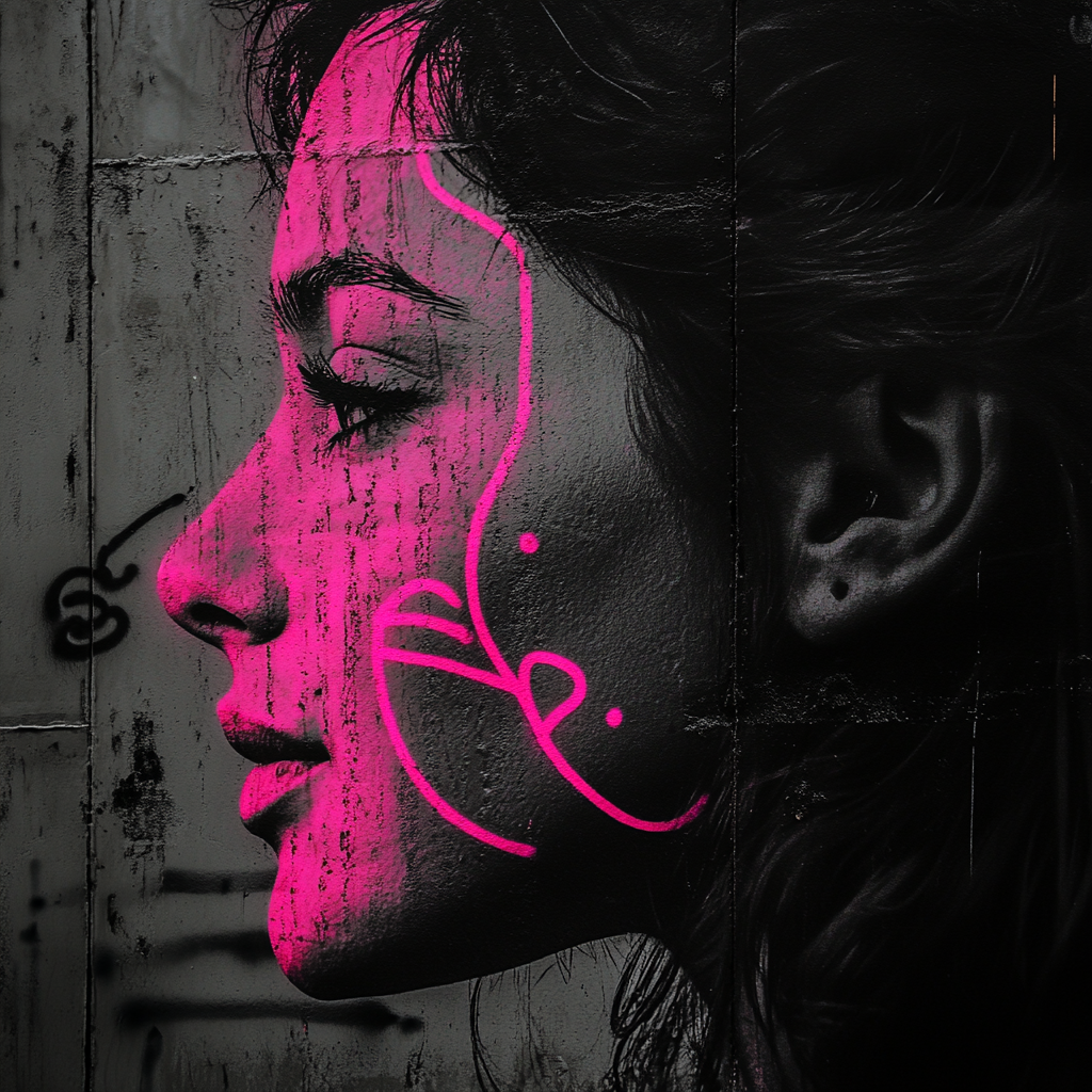 Profile of woman's face with graffiti smiley and cat.