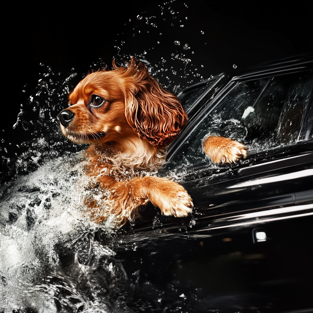 Profile view of cavalier dog driving range rover.