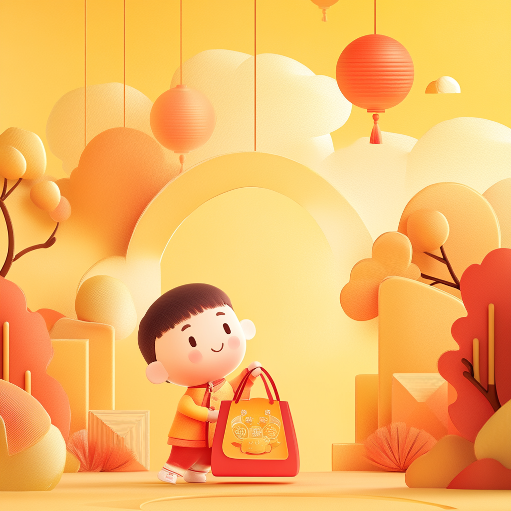 Promotional Poster with Lucky Bag and Cartoon Figure 