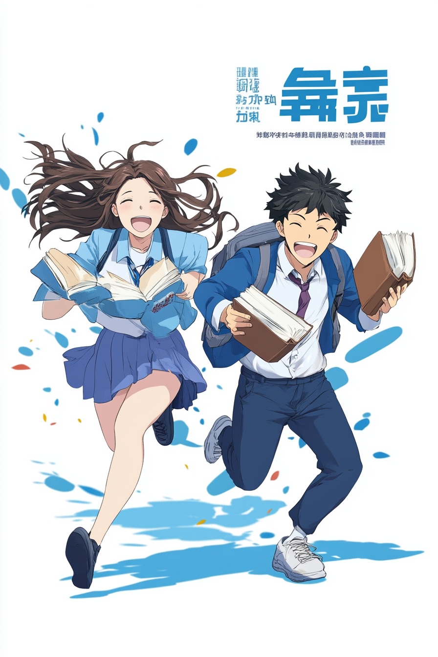 Promotional poster with characters running towards us with open book